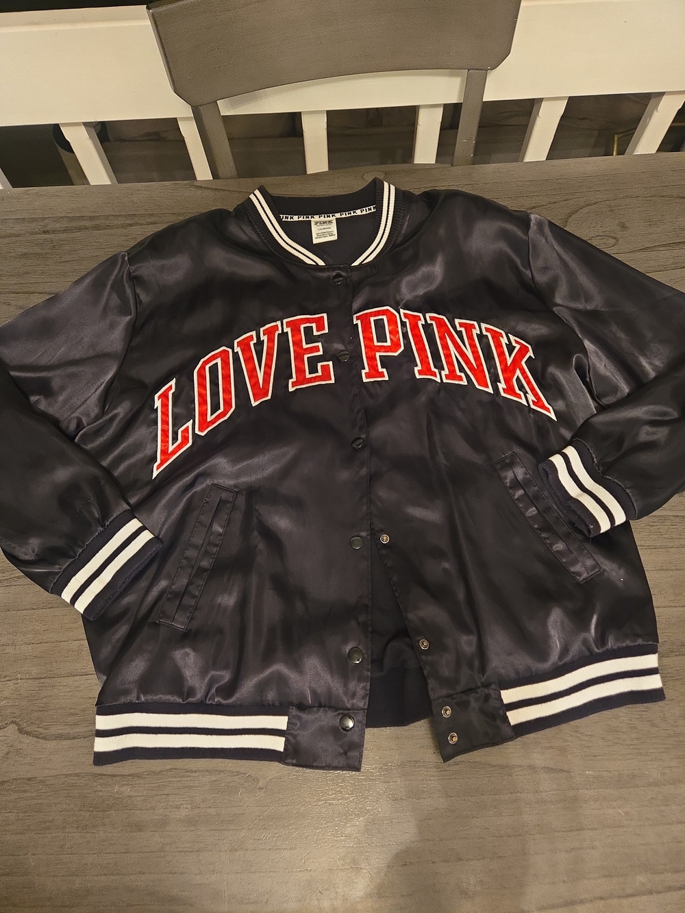 Victoria's Secret Pink Satin Bomber Jacket Black Snap Buttons Size Large